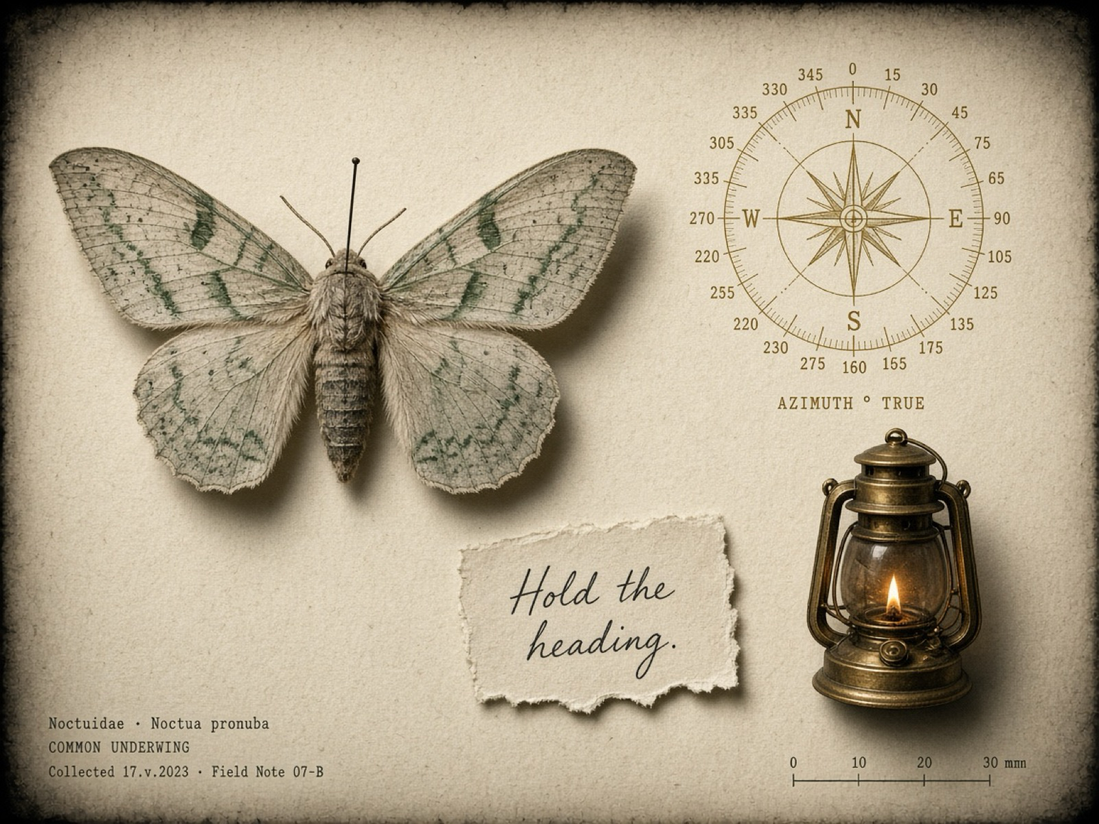 Field plate: moth specimen with wing venation, a small lantern, and a paper bearing ring on cream paper